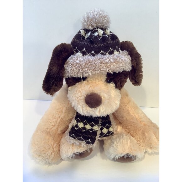 HugFun Puppy Dog Plush Brown and Cream Stuffed Animal Toy With Hat and Scarf - Picture 2 of 7
